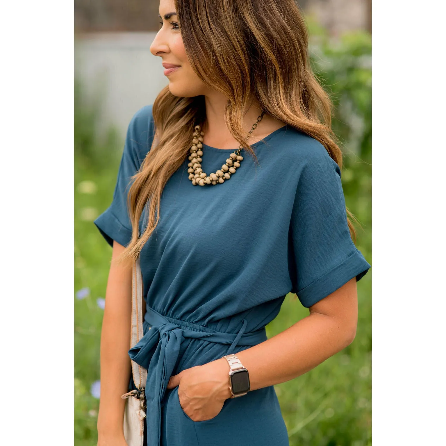 Cuffed Sleeve Tie Button Dress