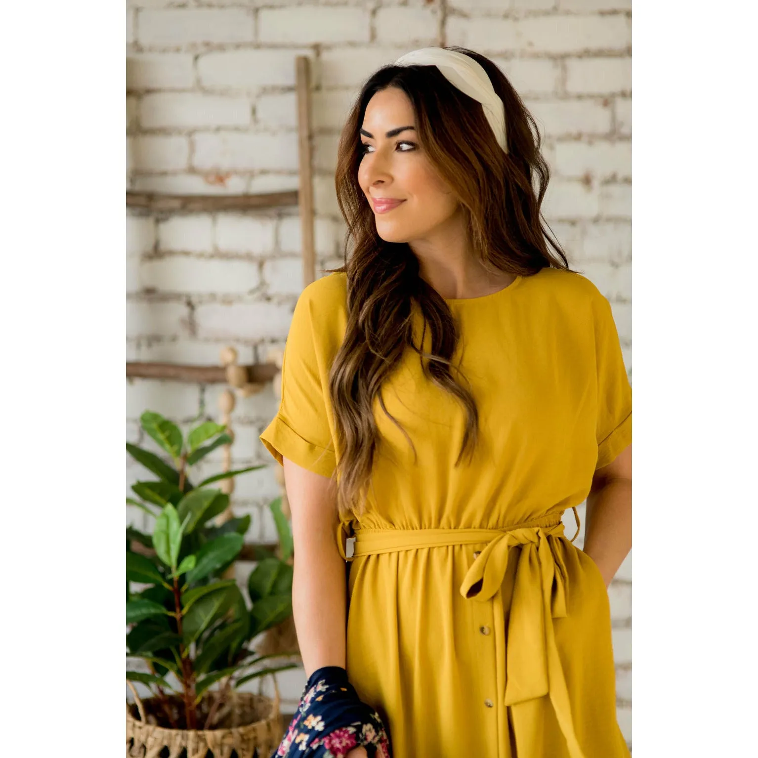 Cuffed Sleeve Tie Button Dress