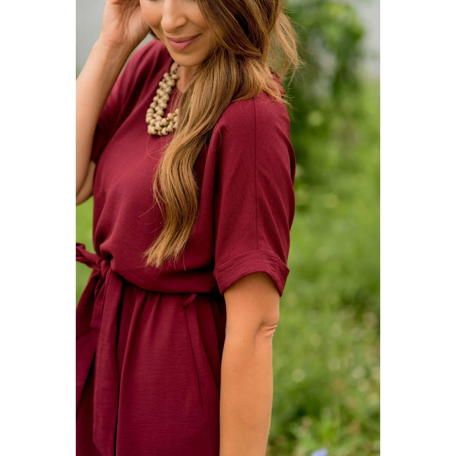 Cuffed Sleeve Tie Button Dress