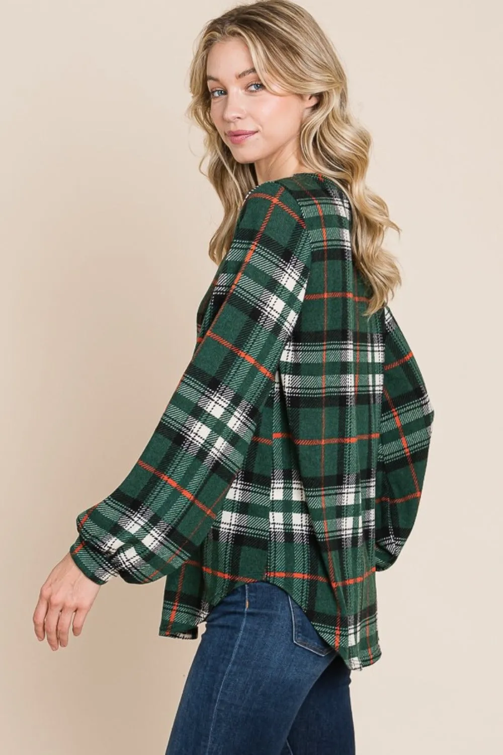 Curved Hem Plaid Round Neck Long Sleeve Top