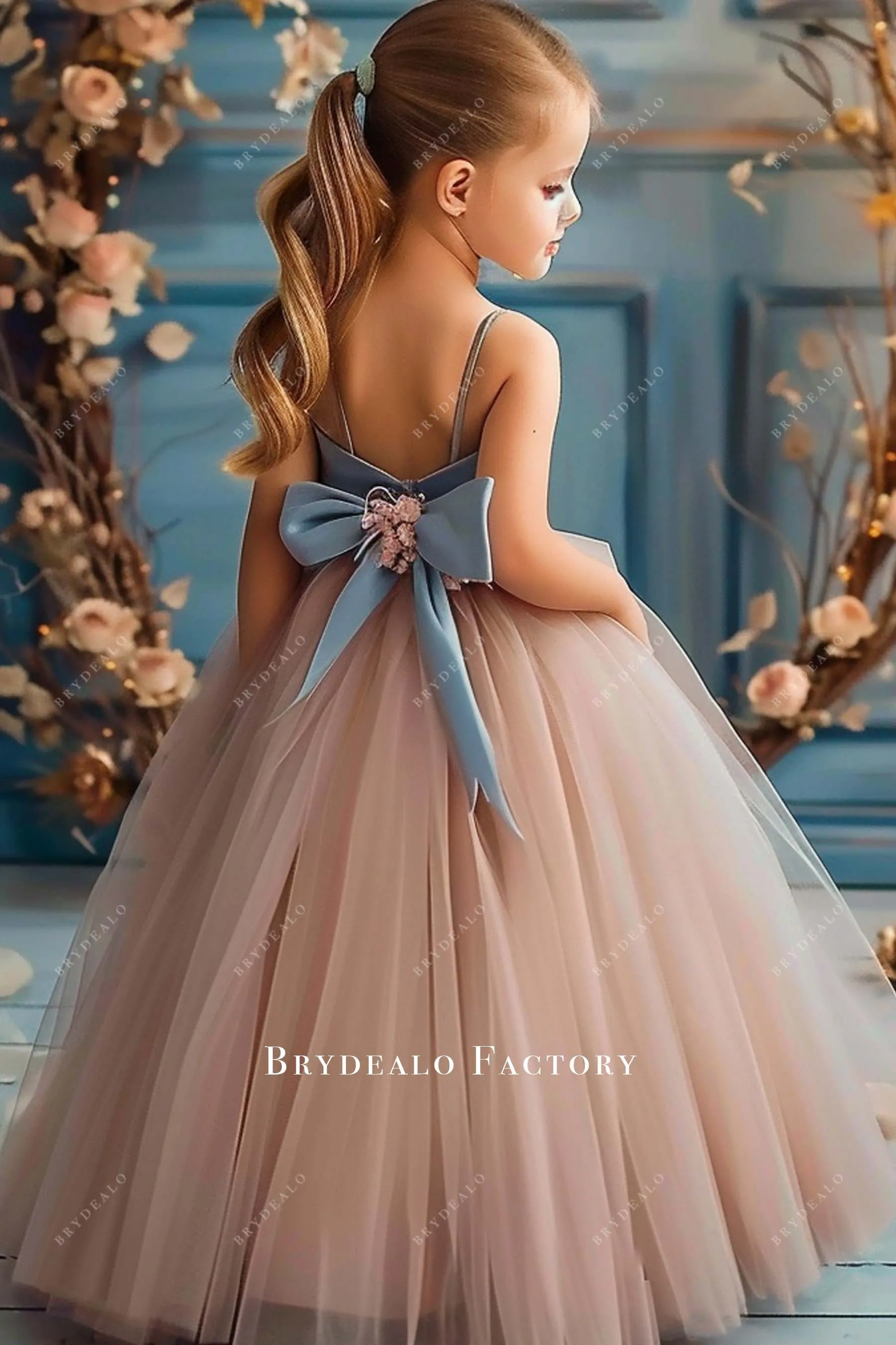 Dusty Blue Satin Nude Pink Tulle Flower Girl Ball Gown