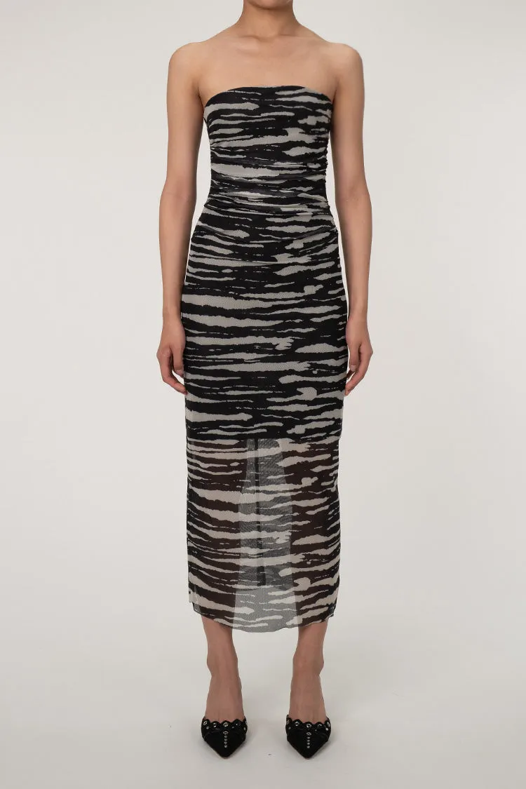 Dynamic Zebra Printed Strapless Ruched Mesh Bodycon Cocktail Midi Dress