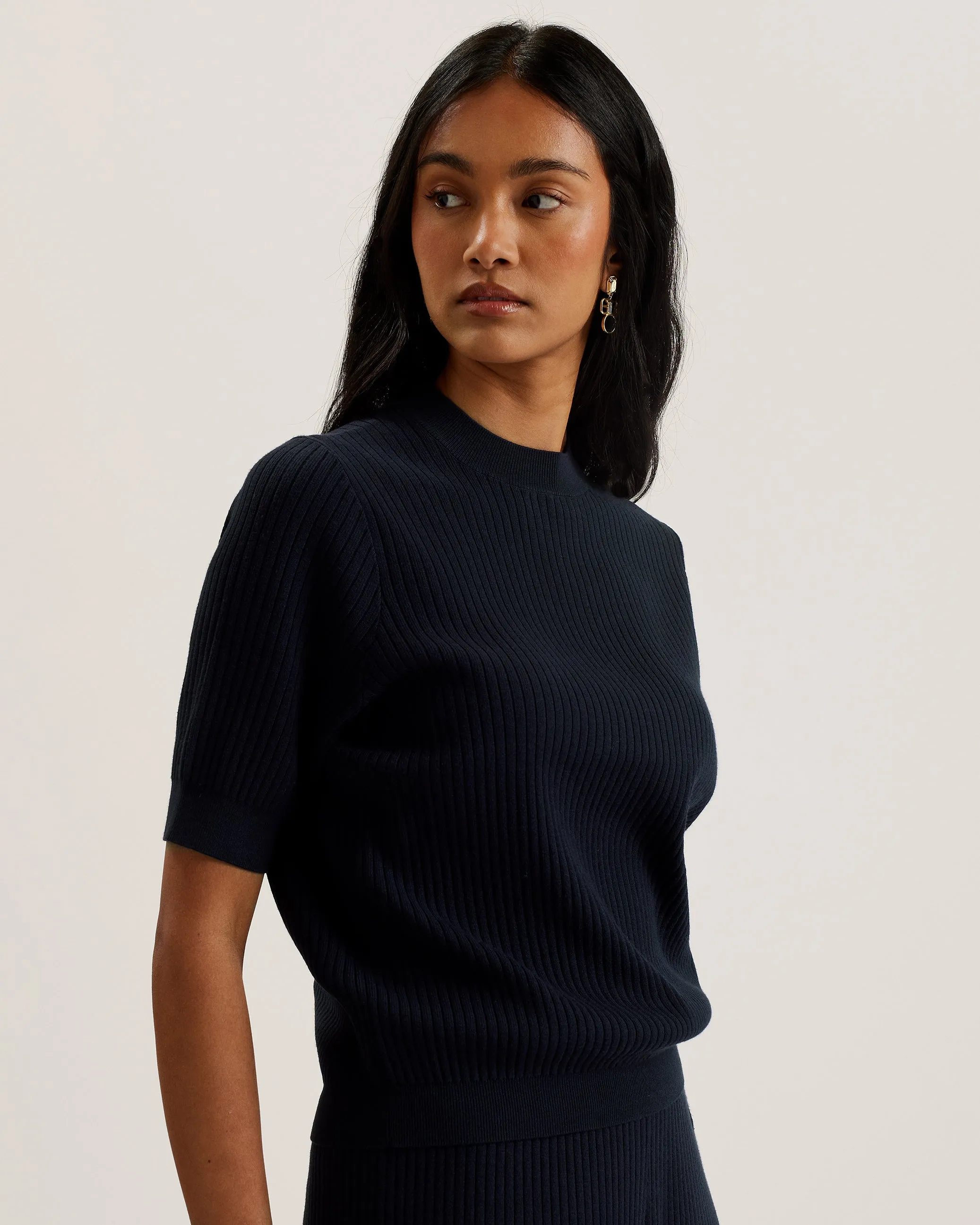 Ellihaa Ribbed Knitted Half Sleeve Top Navy