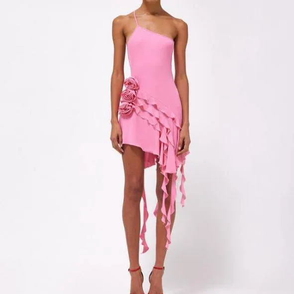 Erna One Strap Rose-Detail Ruffle Mini Dress