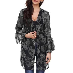 Fashionable Skull Print Long Sleeve Chiffon Cardigan