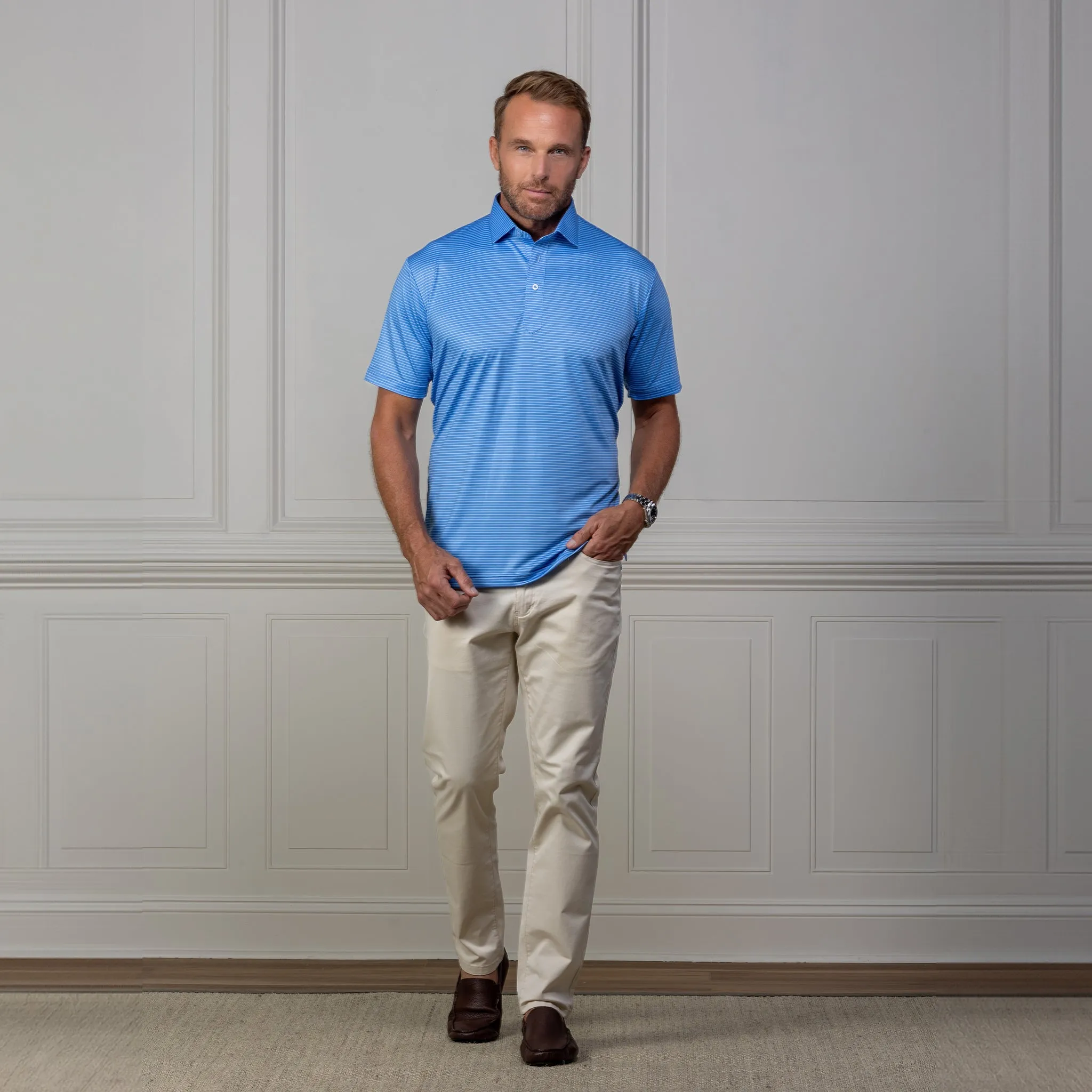 Featherweight Flex Polo Beckett Blue with White Stripe