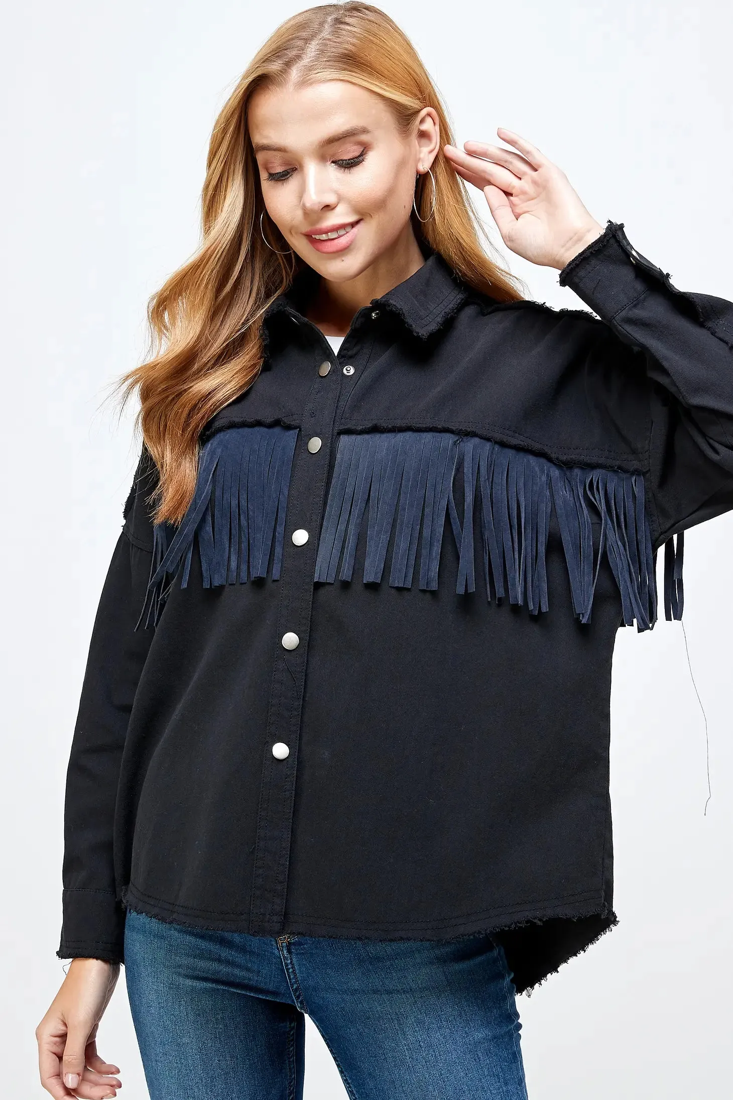 Fringe Button Down Shirt Jacket (Shacket) Midnight