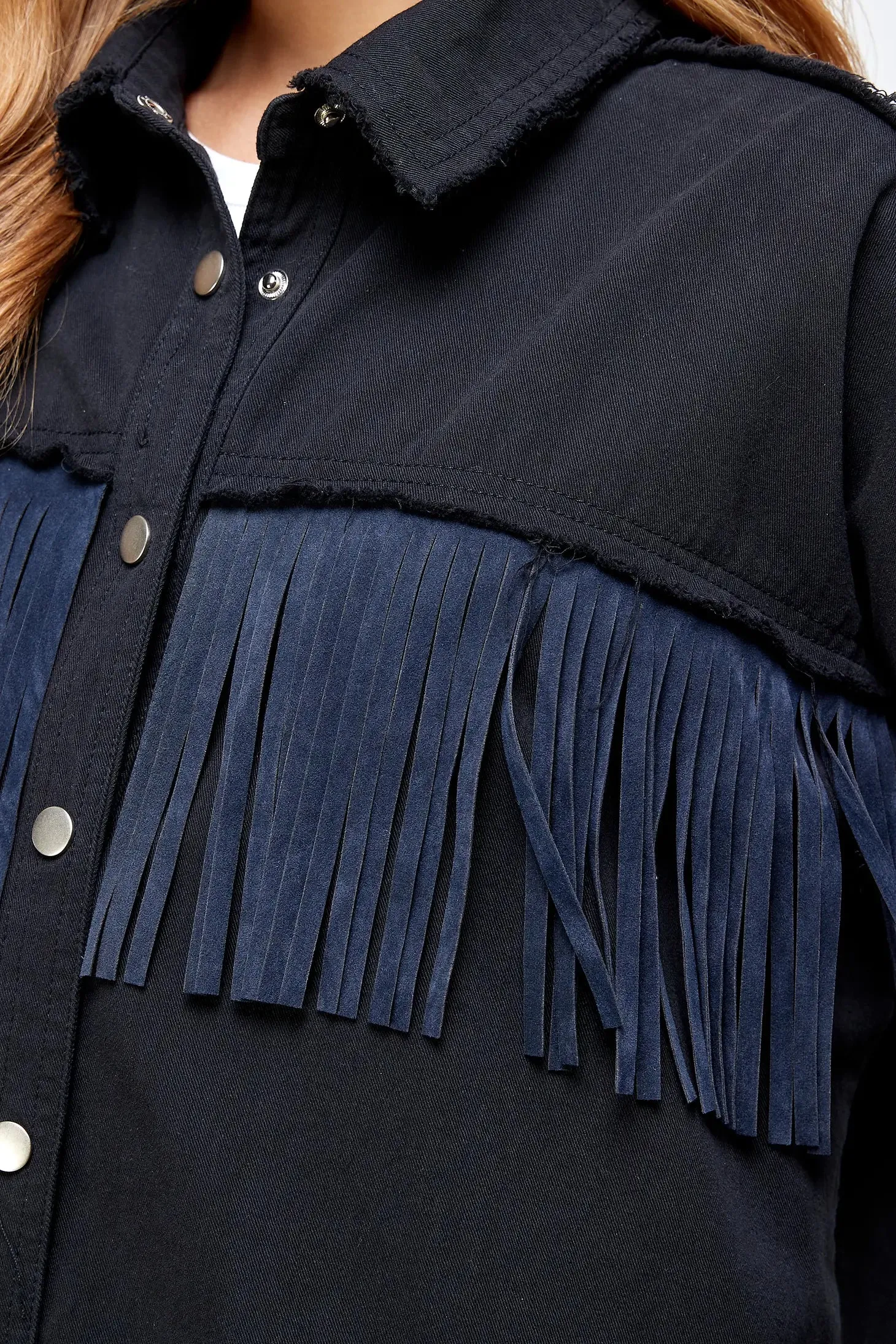 Fringe Button Down Shirt Jacket (Shacket) Midnight