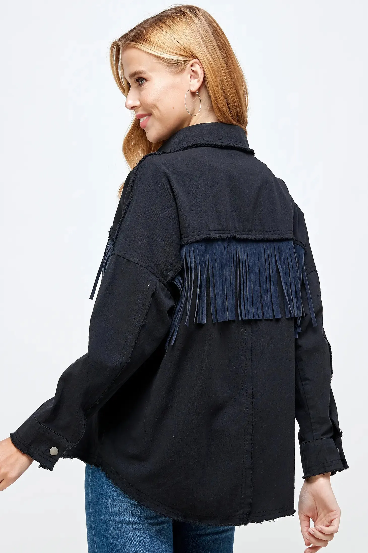 Fringe Button Down Shirt Jacket (Shacket) Midnight