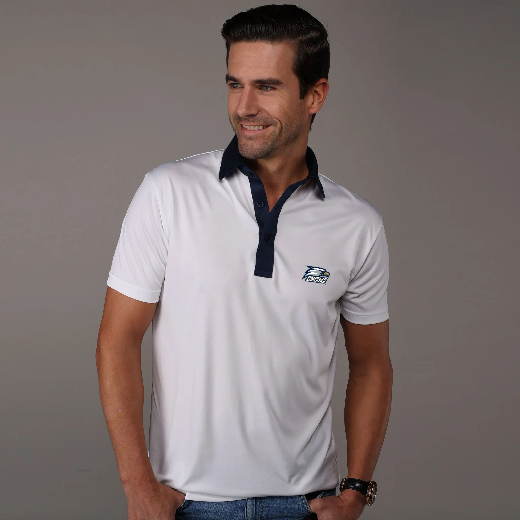 Georgia Southern Semi-Spread Collar Polo Austin White with Navy Accent