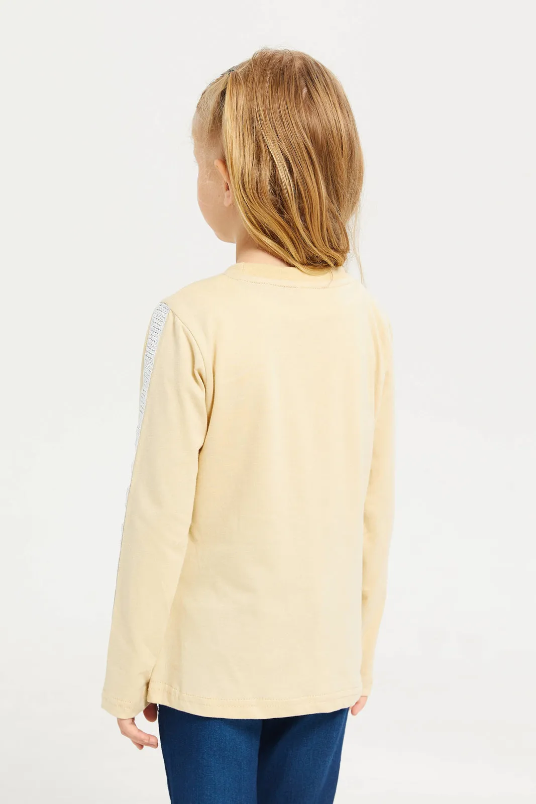 Girls Beige Long Sleeve Printed T-Shirt