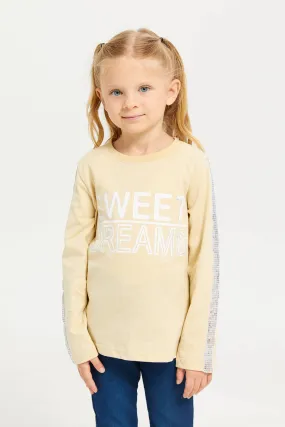 Girls Beige Long Sleeve Printed T-Shirt