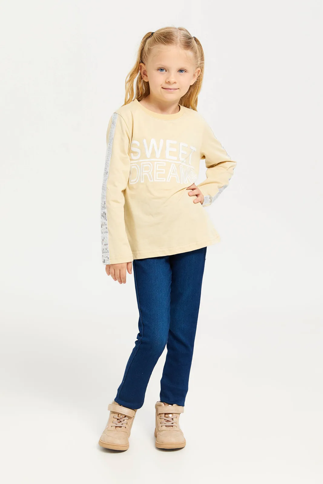 Girls Beige Long Sleeve Printed T-Shirt