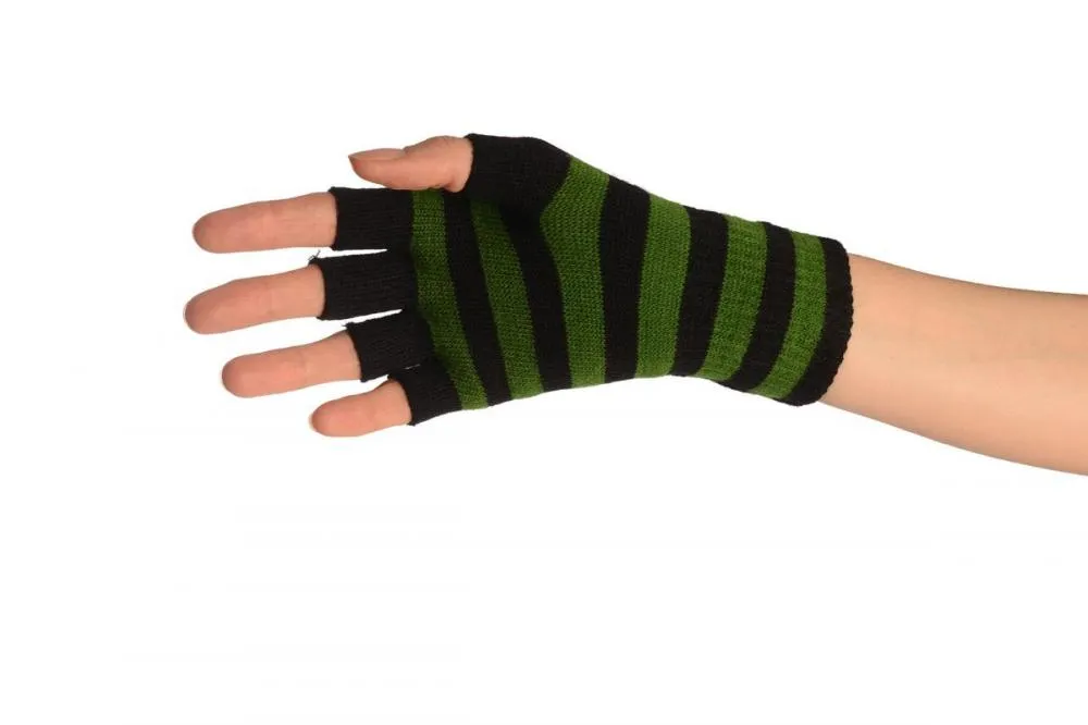 Green & Black Stripes Short Fingerless Gloves