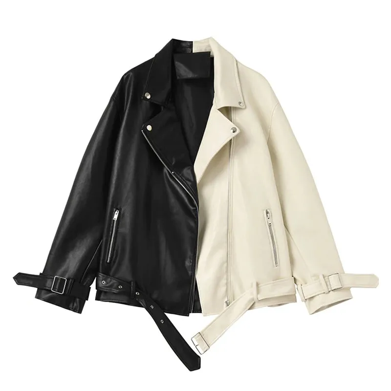 Half Black Half White Two-tone Vegan Leather Biker Coat Jacket with Belt