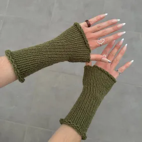 Handmade knitted khaki green hand warmers