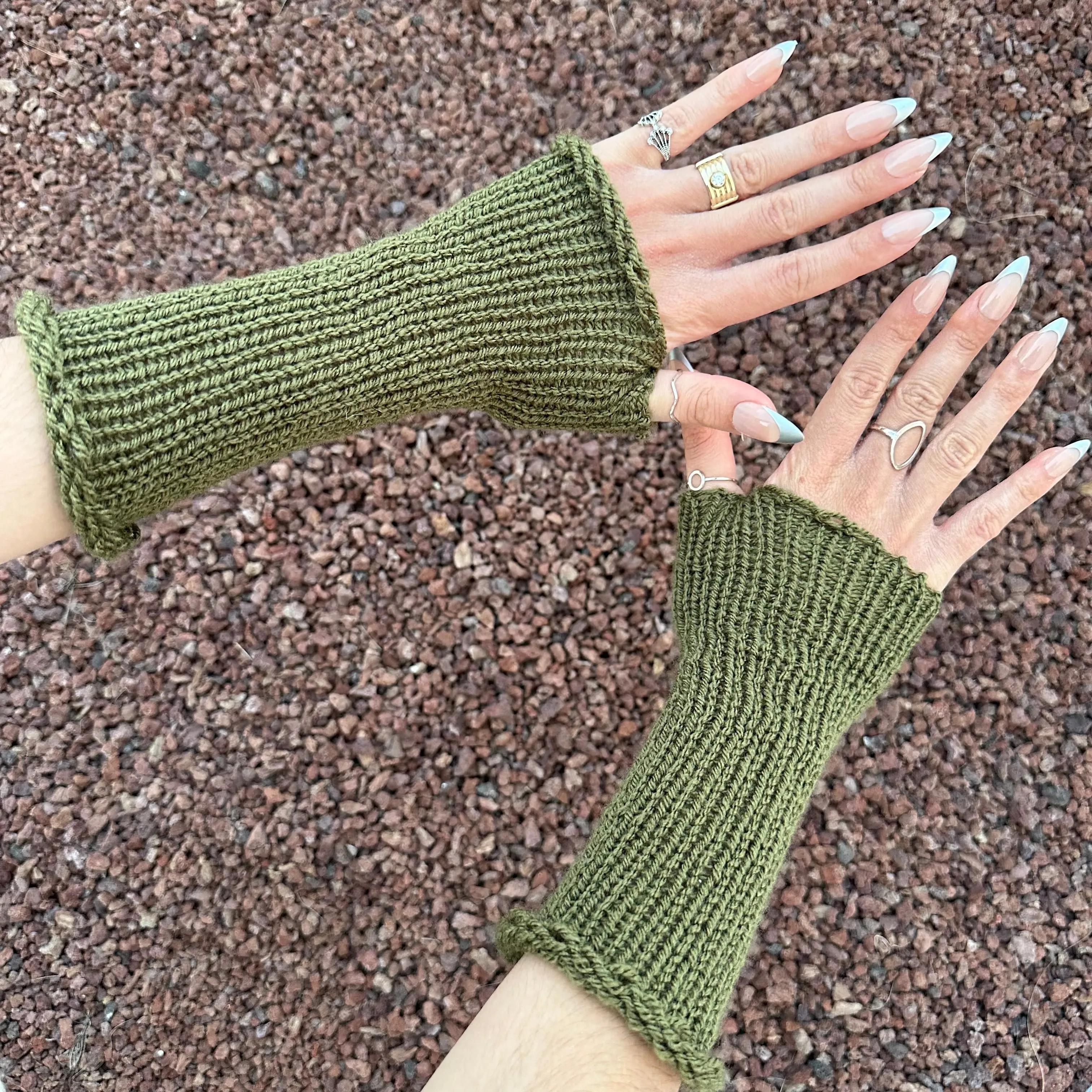 Handmade knitted khaki green hand warmers