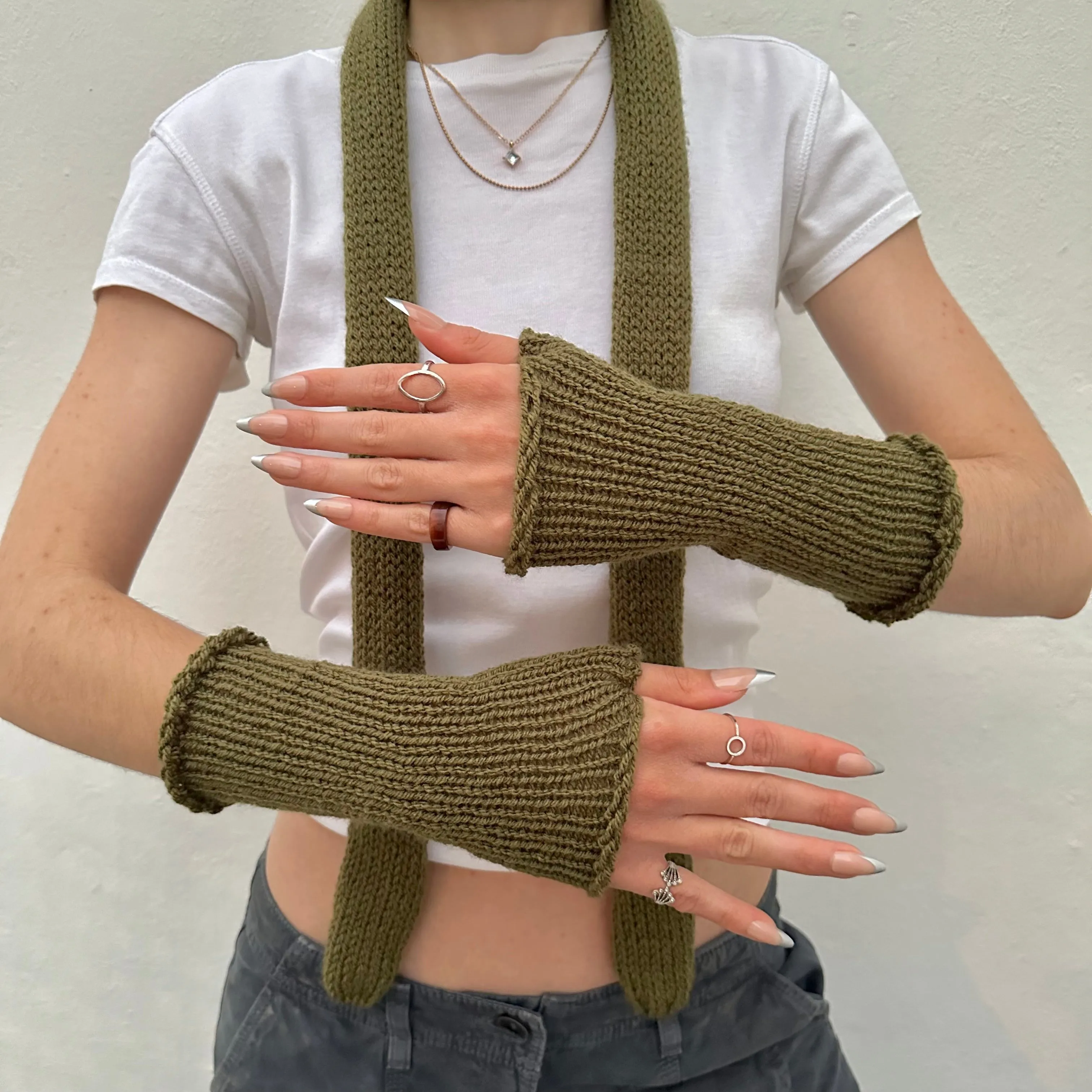 Handmade knitted khaki green hand warmers