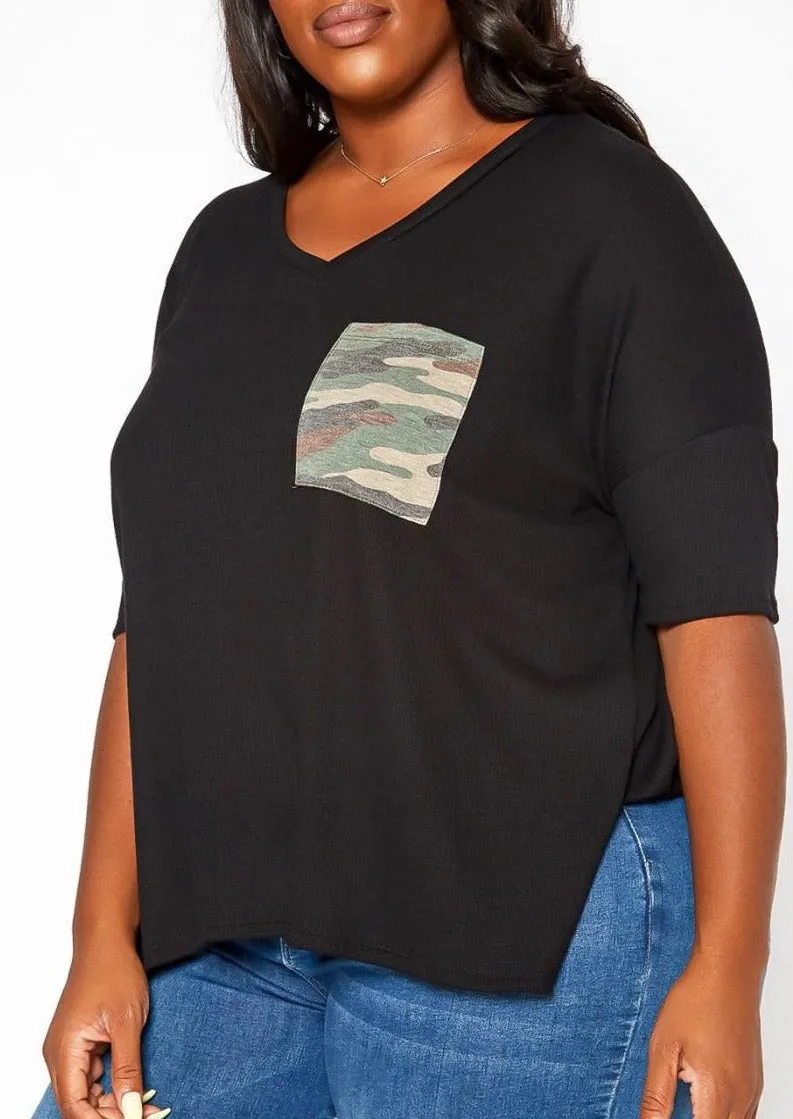 Hi Curvy Plus Size Camo Pocket Hem T Shirt