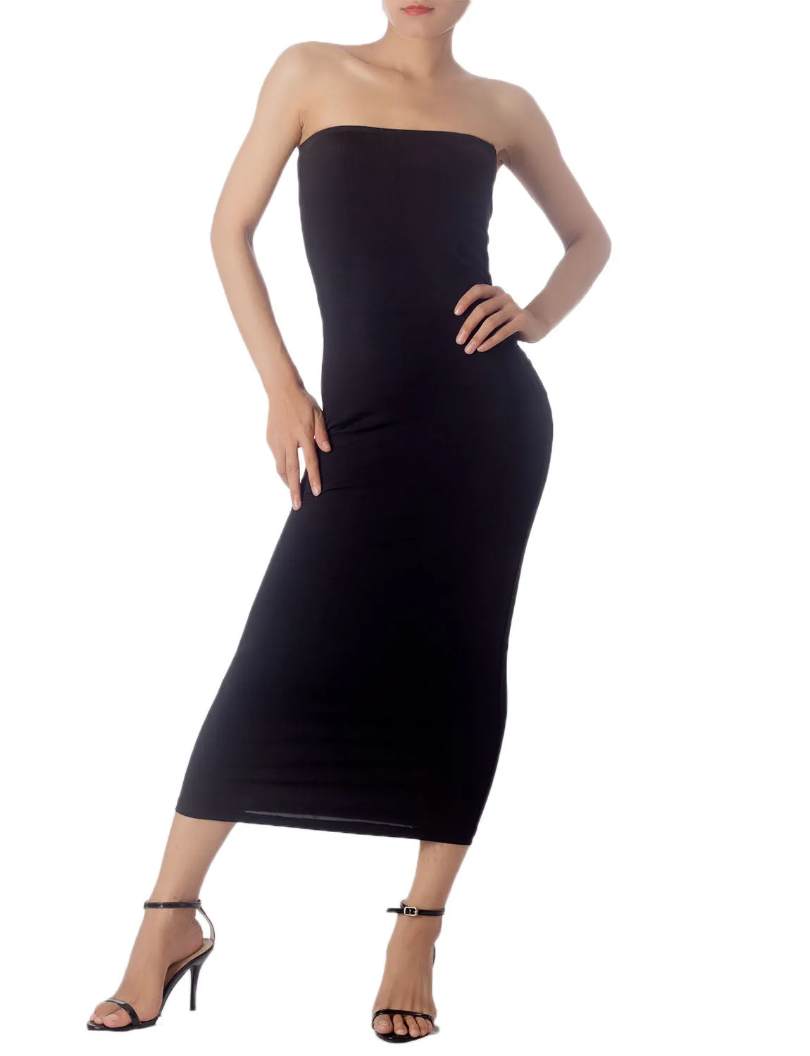 iB-iP Women's Semi See Through Sleeveless Stretchy Tube Pencil Tight Long Strapless Bodycon Dress