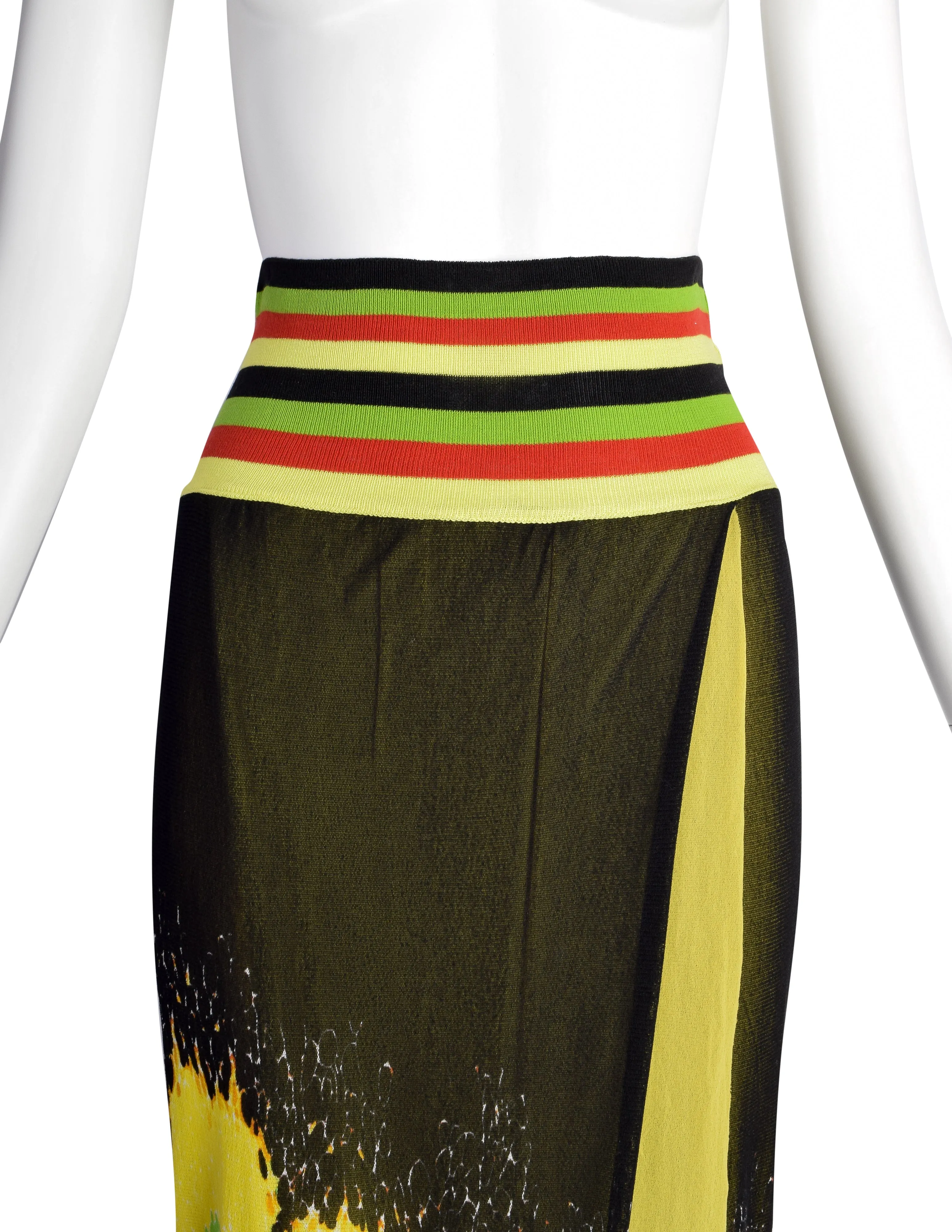 Jean Paul Gaultier Vintage SS 1997 Black Yellow Red Orange Green Patterned Striped Layered Mesh Skirt