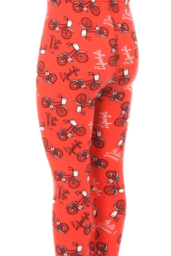 Kid's Bicycle in Coral Lifestyle Pattern Printed Leggings