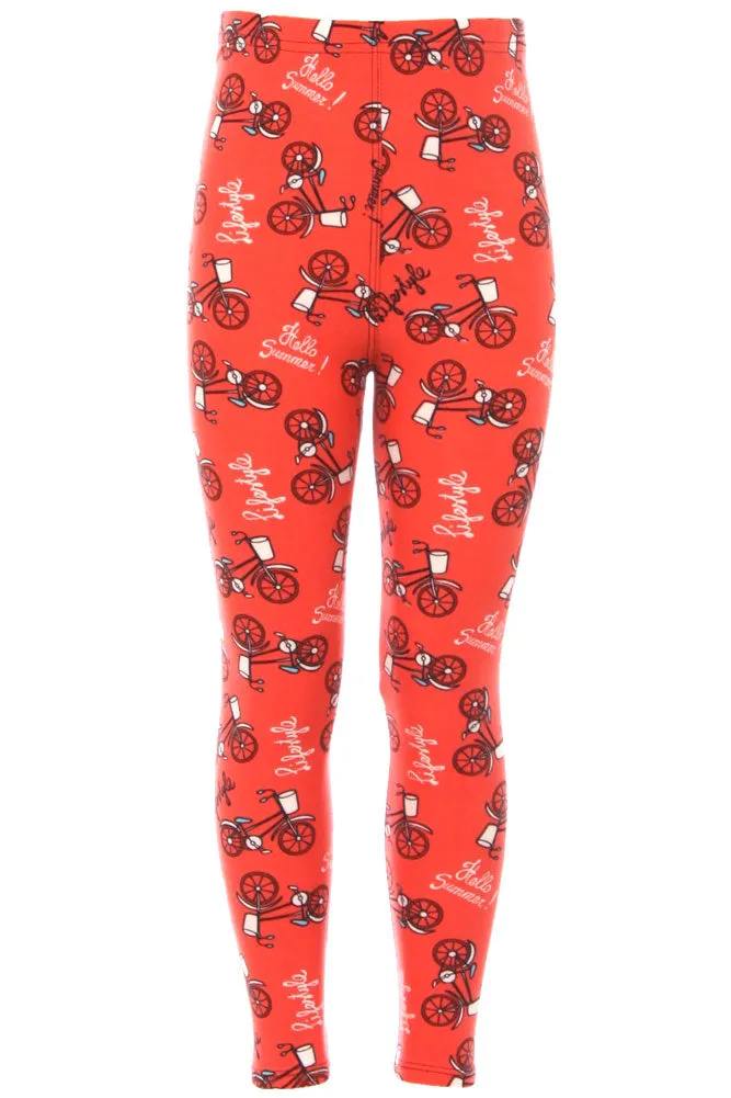 Kid's Bicycle in Coral Lifestyle Pattern Printed Leggings