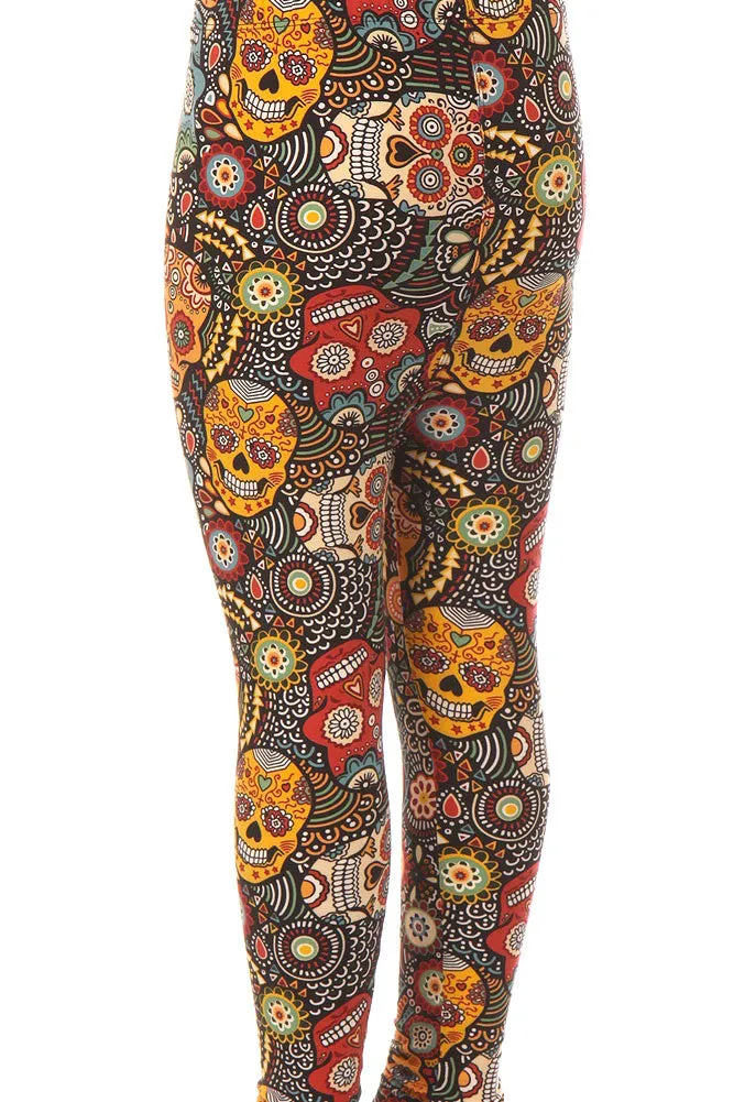 Kid's Ornate Sugar Skull Pattern Printed Leggings