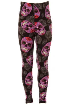 Kid's Purple Sugar Skull Floral Pattern Printed Leggings