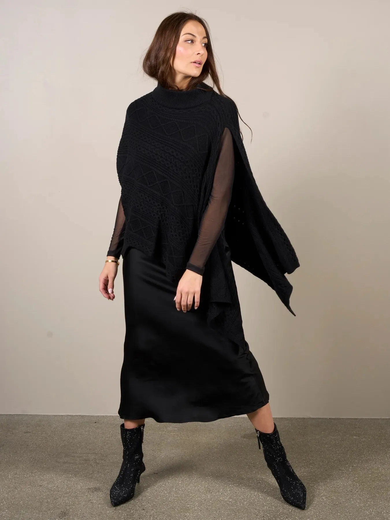 Knit Asymmetrical Poncho - Black