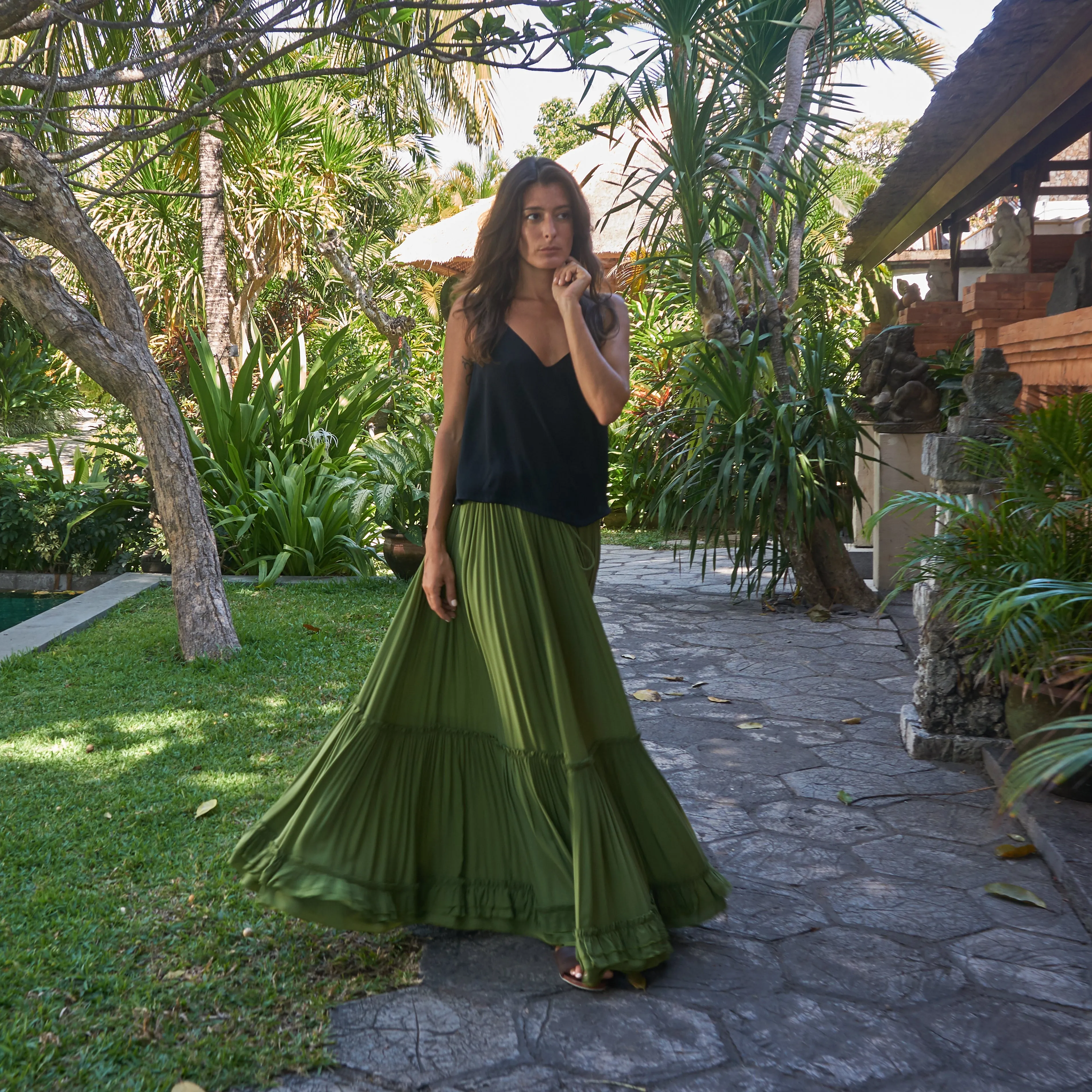 LONG RUFFLED SKIRT - Rayon Voile | Moss Green