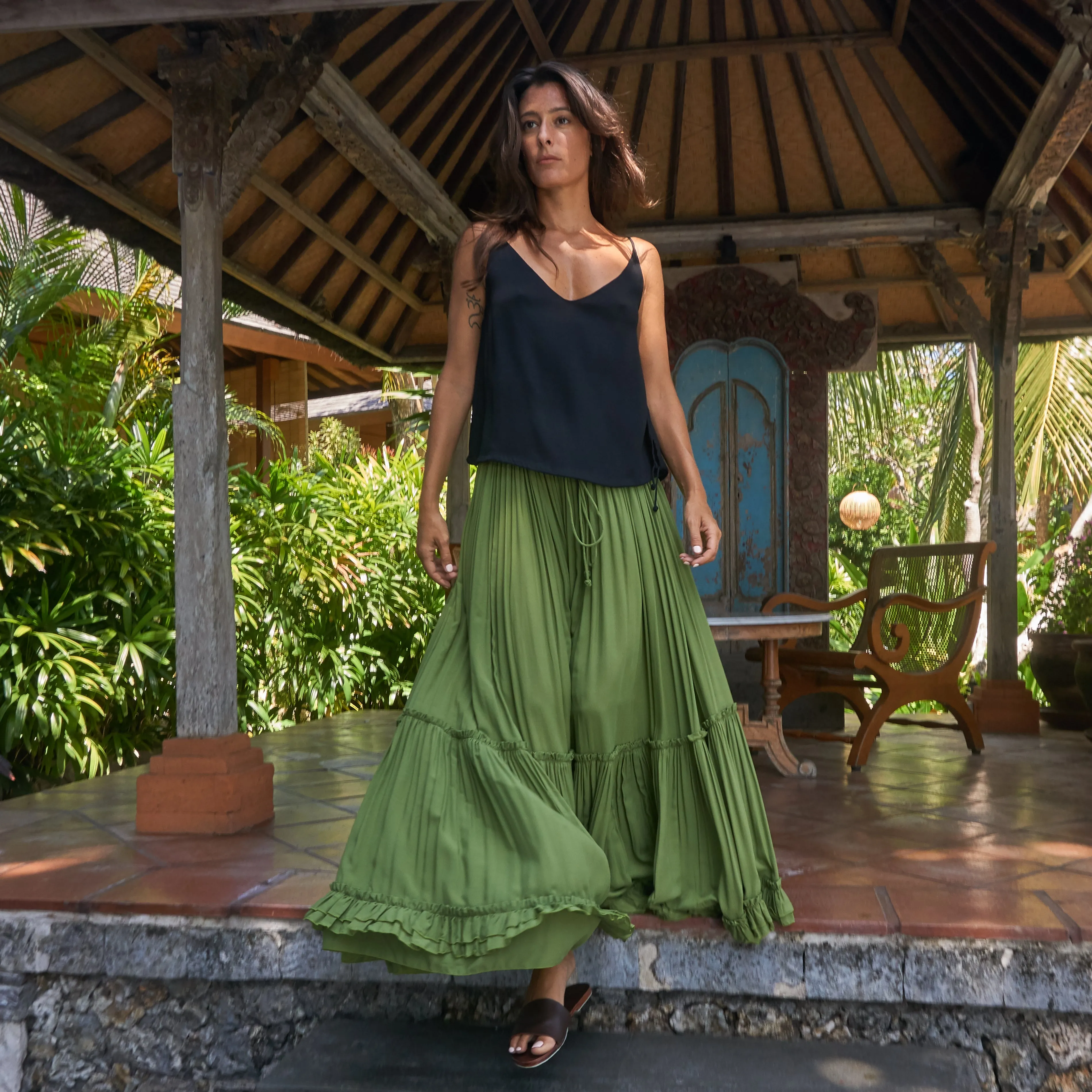 LONG RUFFLED SKIRT - Rayon Voile | Moss Green