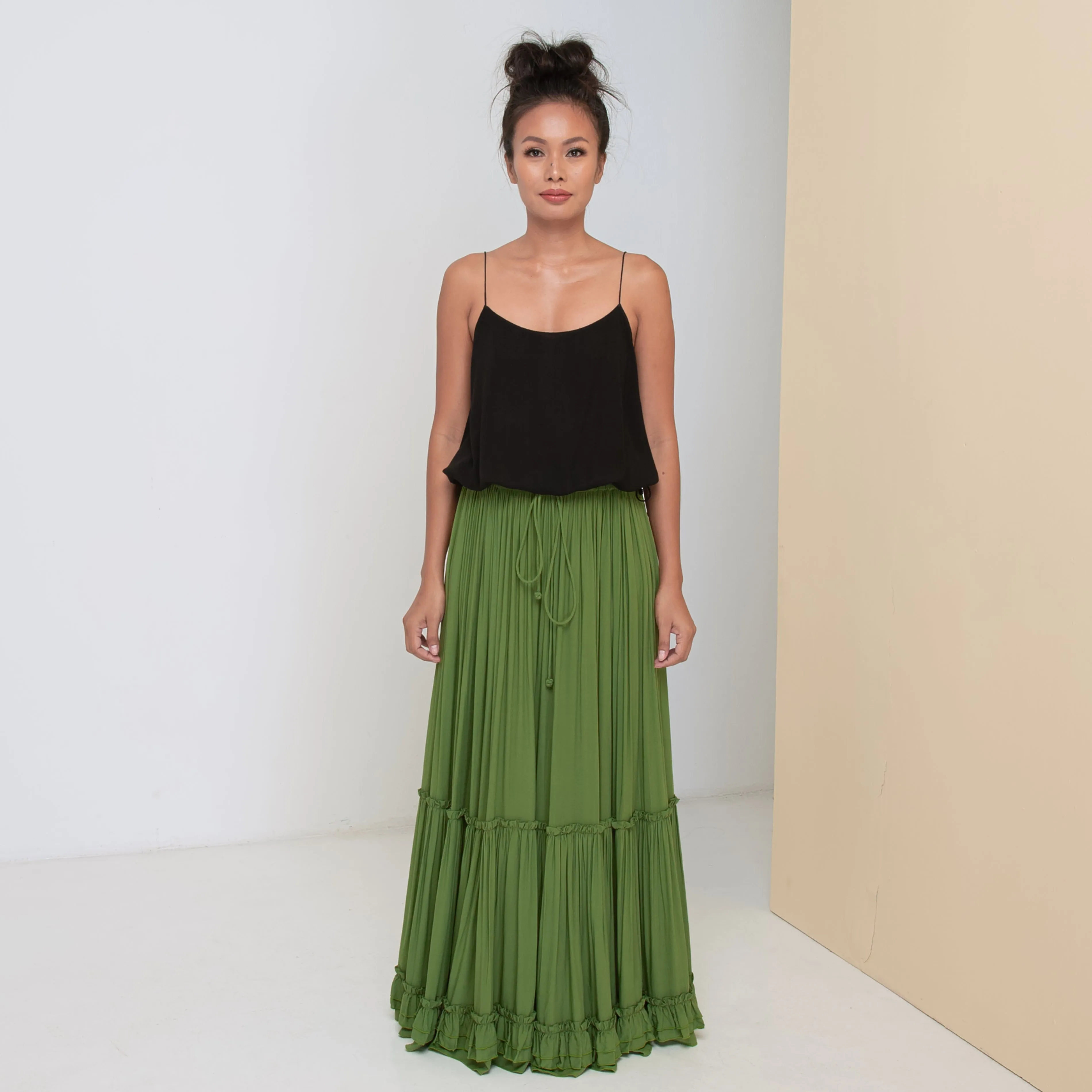 LONG RUFFLED SKIRT - Rayon Voile | Moss Green