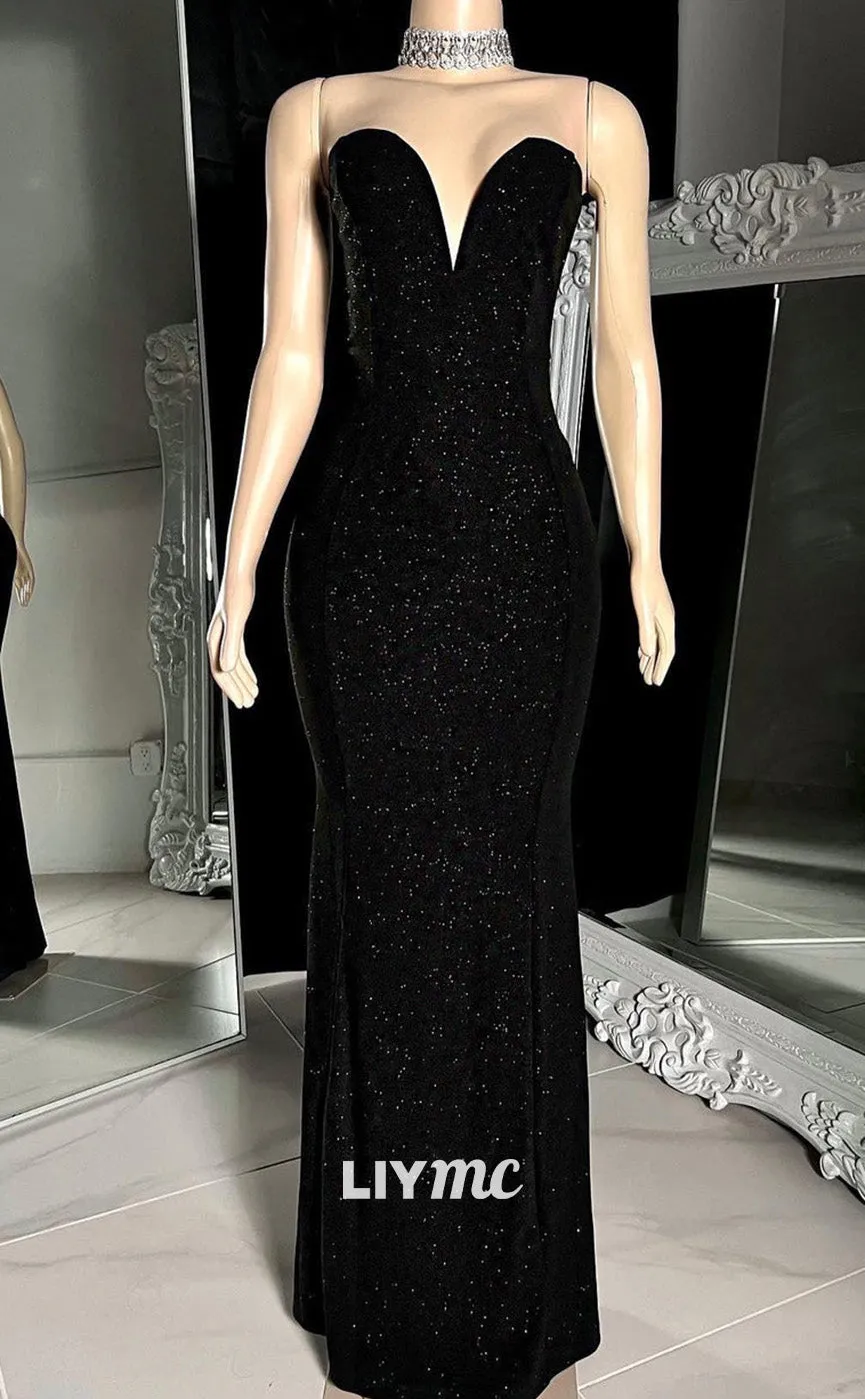 LP2219 - V-Neck Sleeveless Beaded Black Mermaid Floor-Length Prom Dress