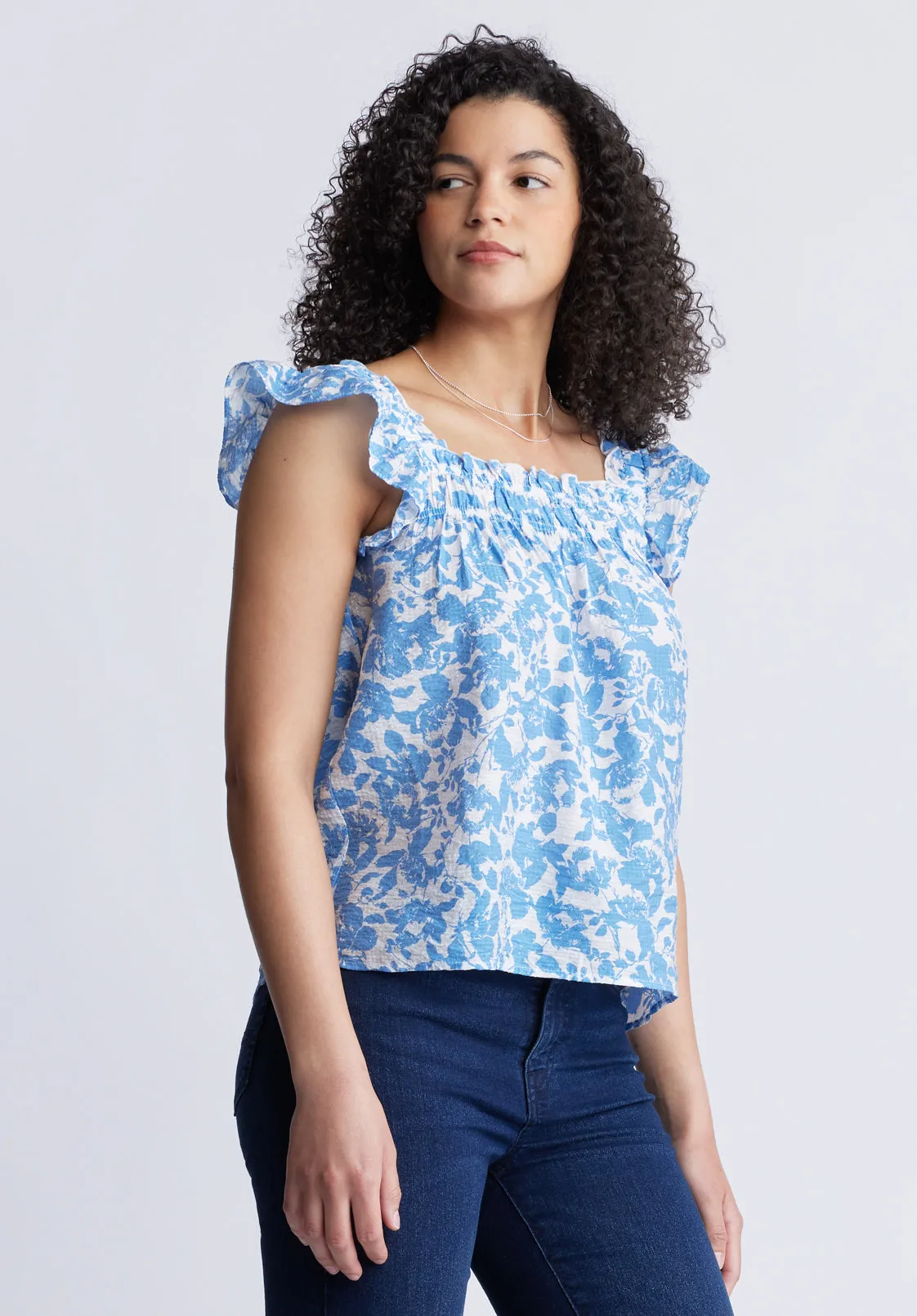 Mabilia Women's Flutter Sleeve Top, Blue Flowers - WT0108S