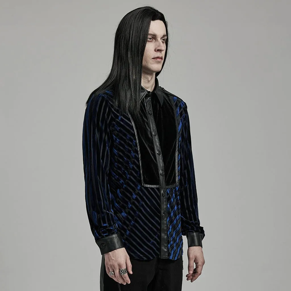 Men's Gothic Contrast Color Faux Leather Splice Velvet Shirt