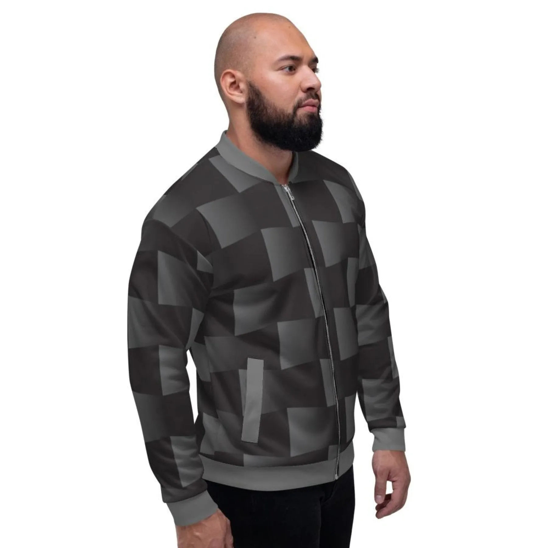 Mens Jacket - Edgy 3D Square Block Bomber Jacket Black/Grey