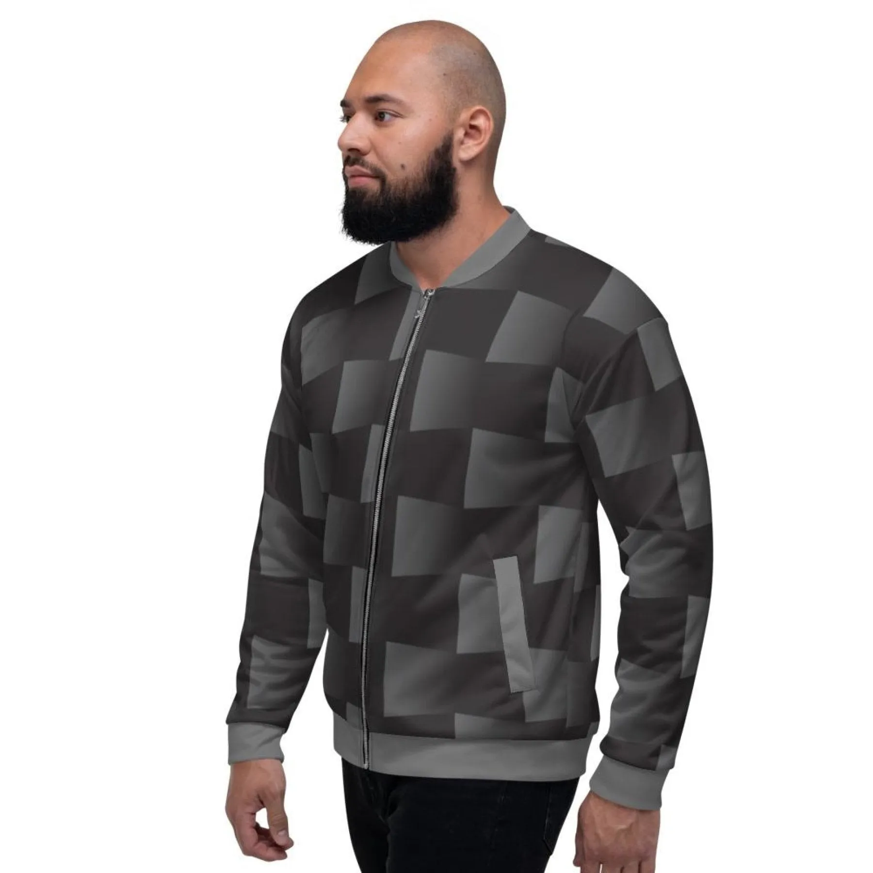 Mens Jacket - Edgy 3D Square Block Bomber Jacket Black/Grey