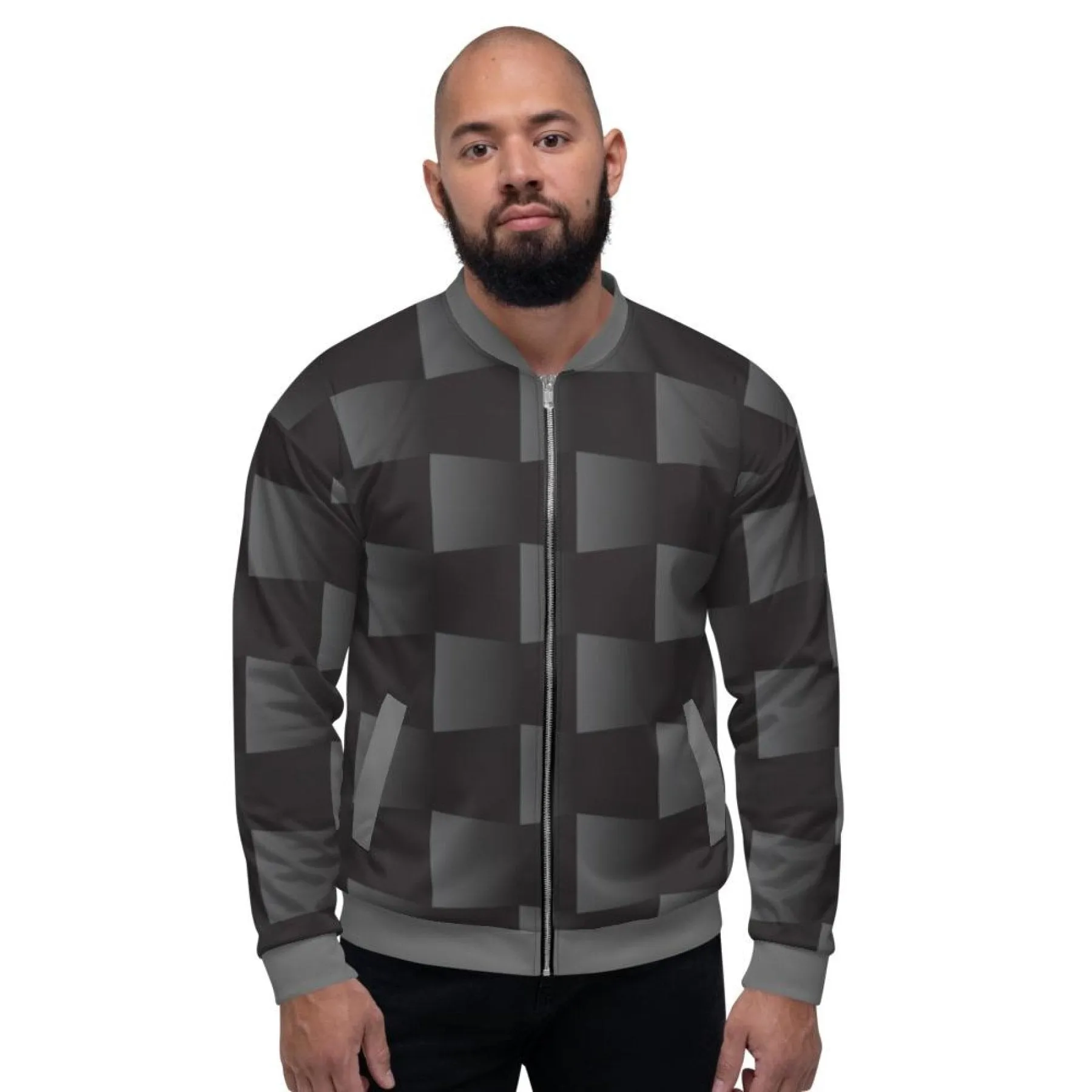 Mens Jacket - Edgy 3D Square Block Bomber Jacket Black/Grey