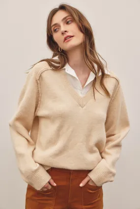 Mixed media V-neck sweater with layered shirt