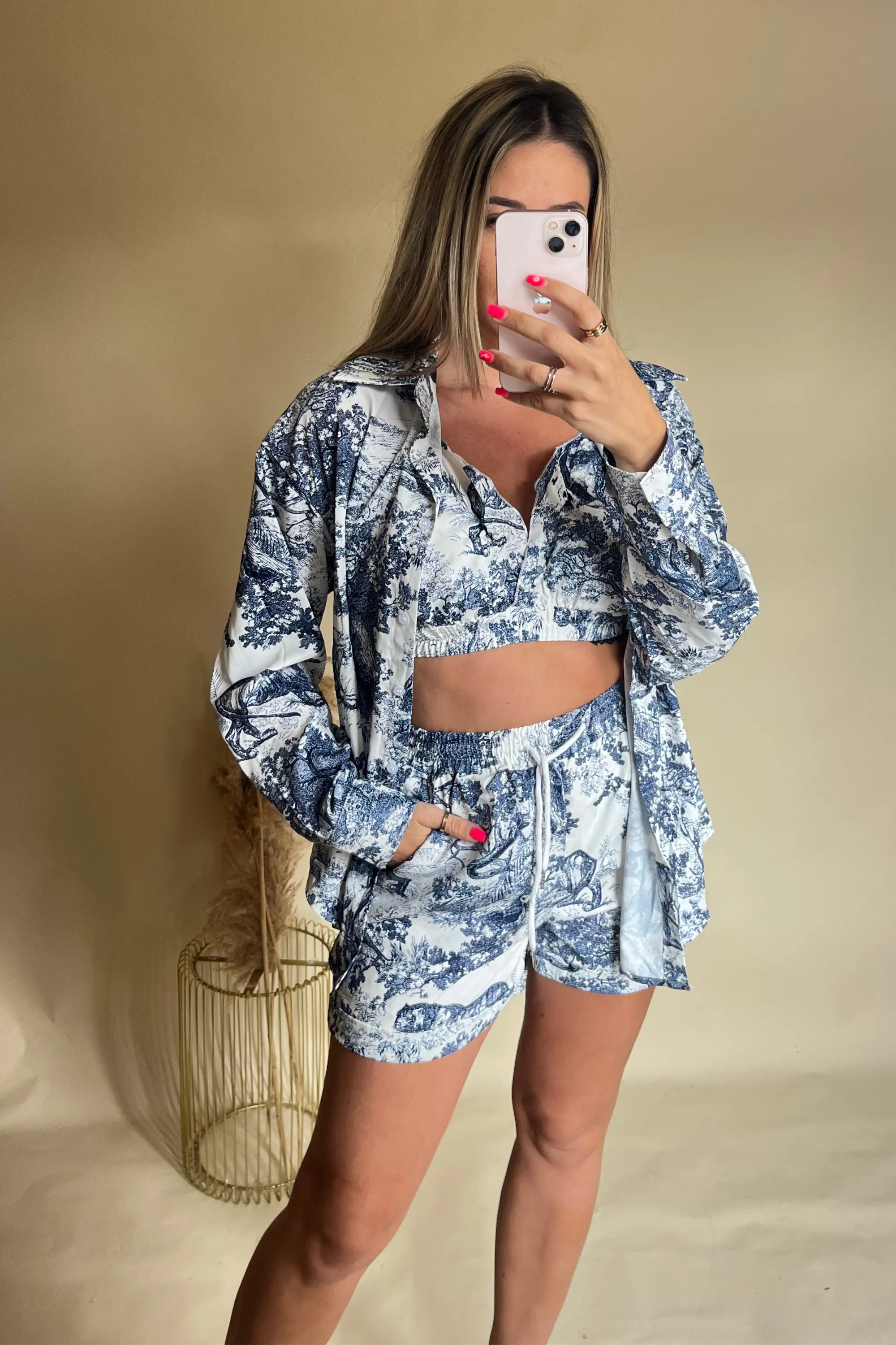 Navy Porcelain Print Three Piece Shorts Set