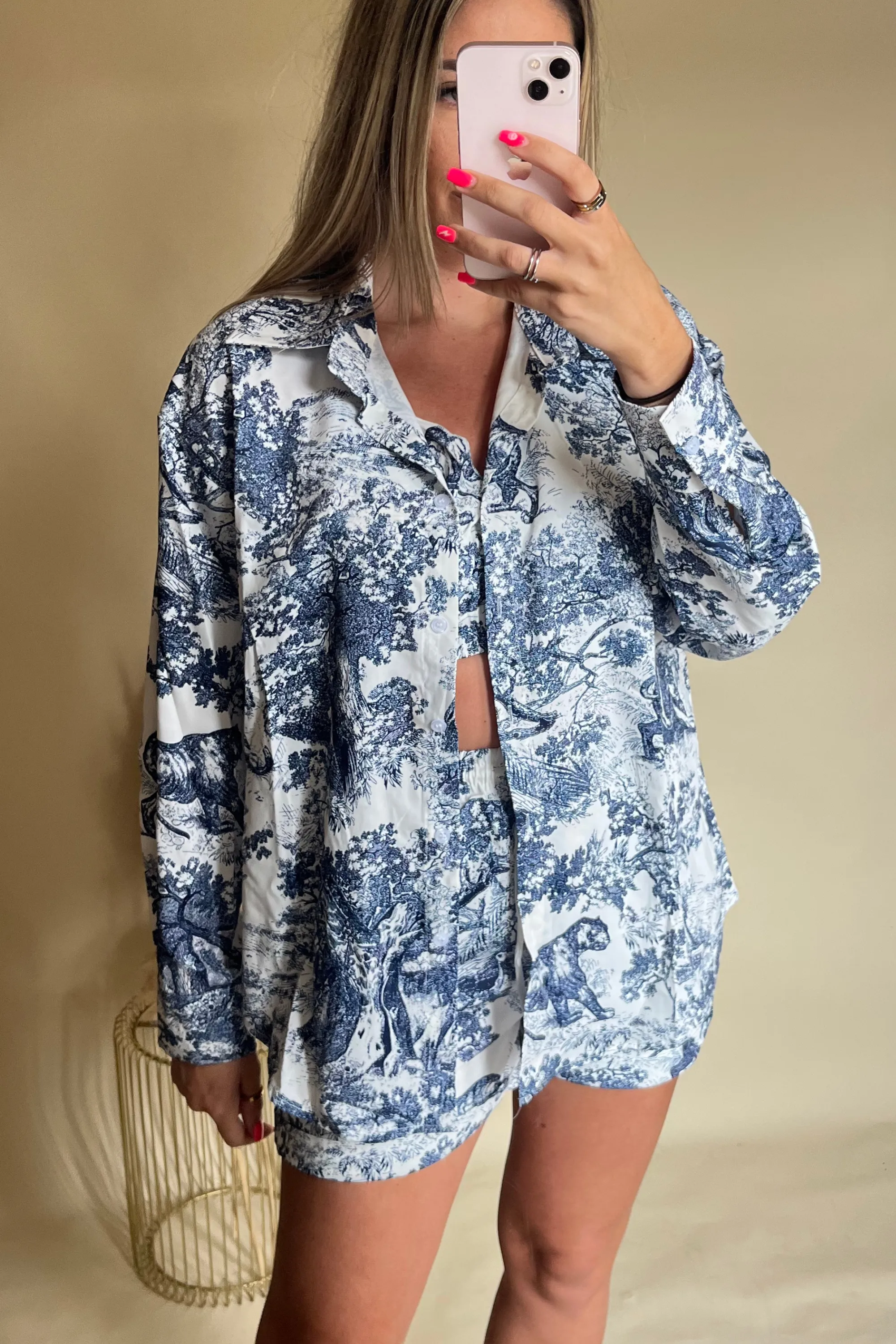 Navy Porcelain Print Three Piece Shorts Set