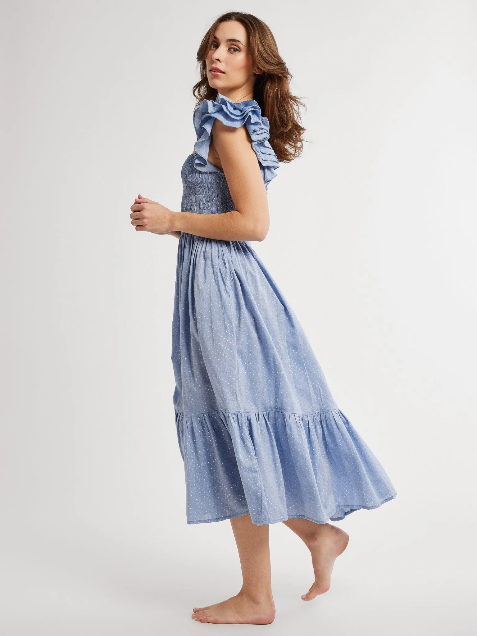 Olympia Dress in Chambray Polka Dot