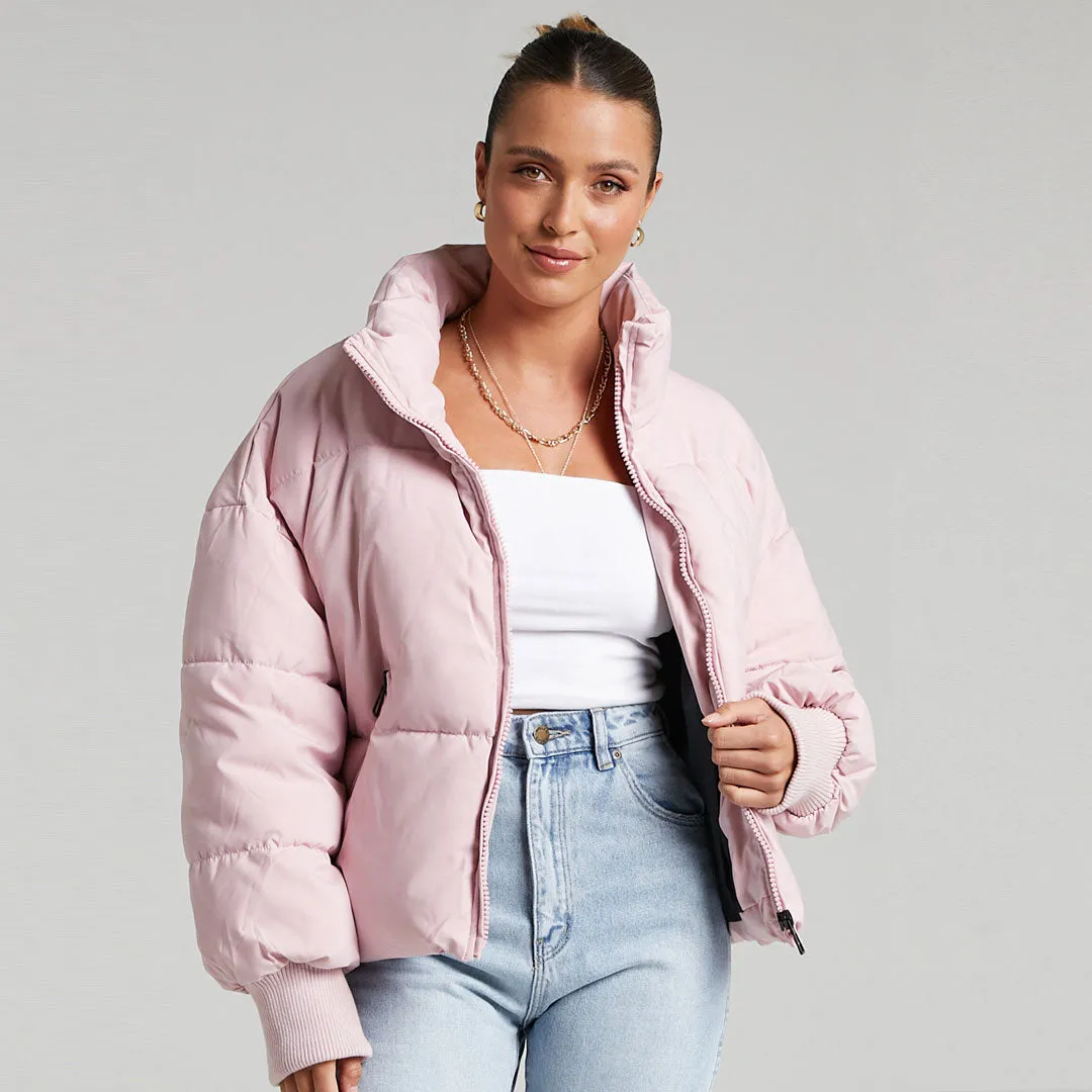 Oversized Stand Collar Side Pocket Zip Front Long Sleeve Puffer Jacket - Pink