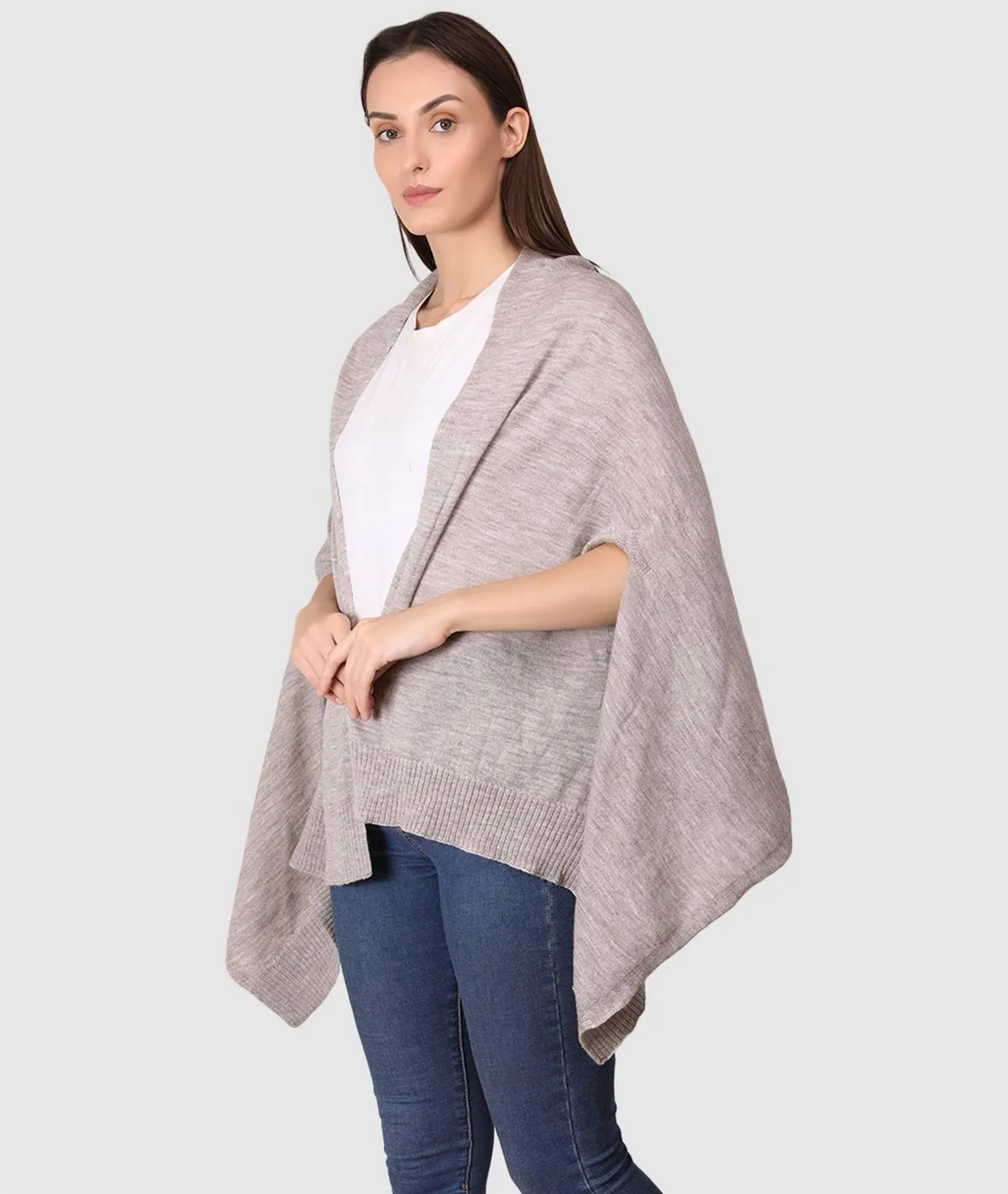 Palma Merino Wool Knitted Fashion Poncho / Cape for Everyday Chic Look (One Size Fits All) (Medium Fawn Mix)