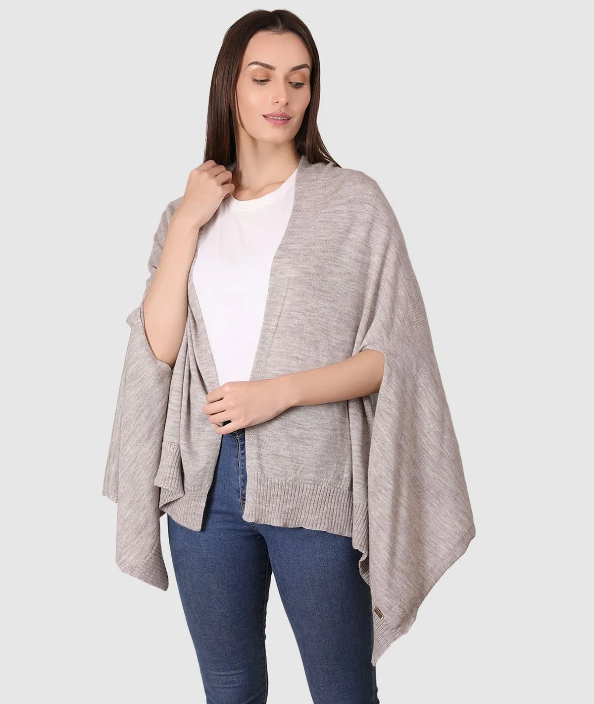 Palma Merino Wool Knitted Fashion Poncho / Cape for Everyday Chic Look (One Size Fits All) (Medium Fawn Mix)