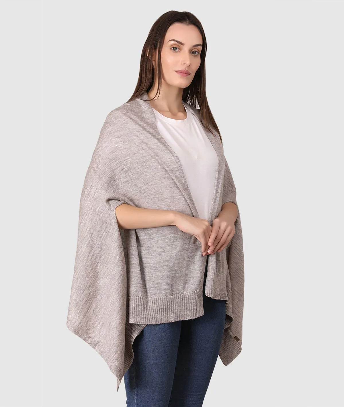 Palma Merino Wool Knitted Fashion Poncho / Cape for Everyday Chic Look (One Size Fits All) (Medium Fawn Mix)