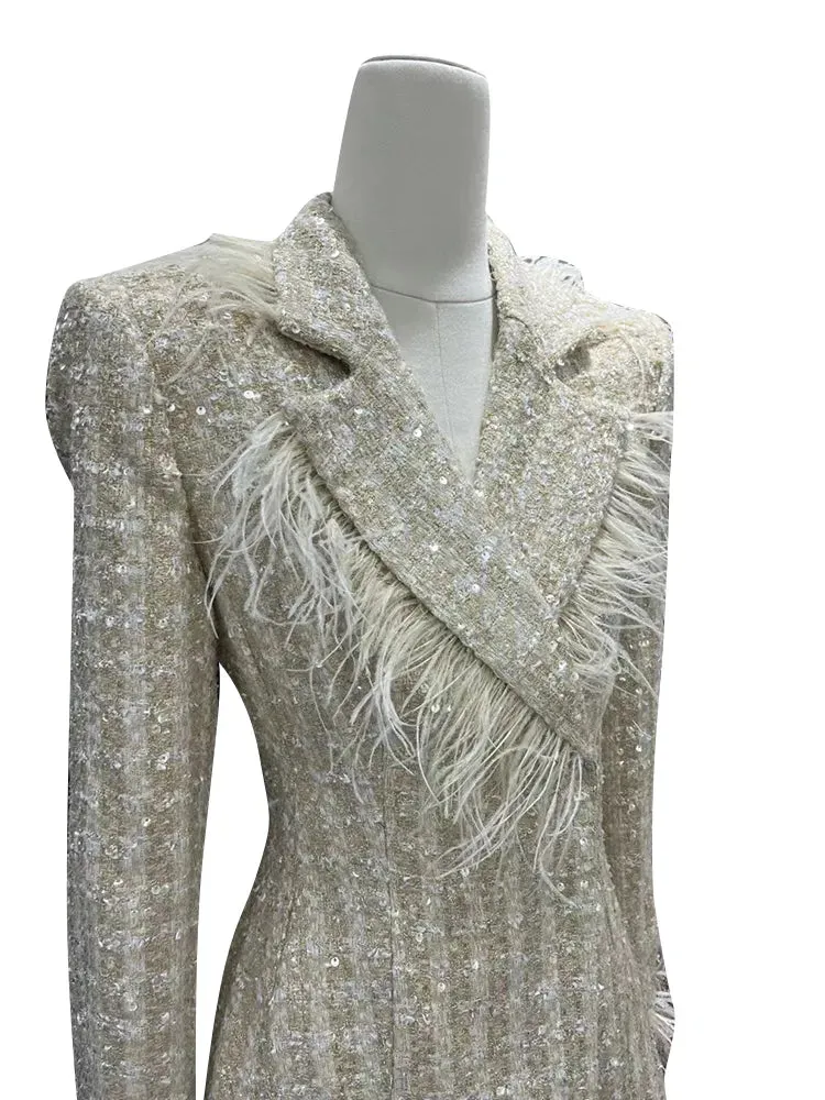 Patchwork Feathers Elegant Temperament Blazers For Women Notched Collar Long Sleeve Spliced Sequins Blazer Female