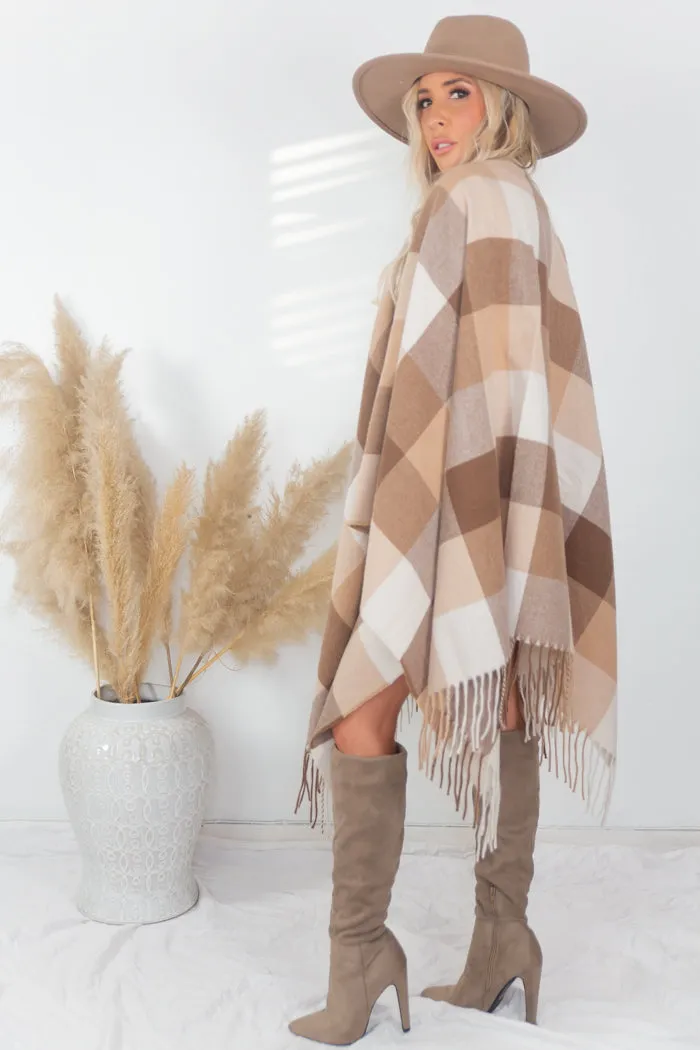 Plaid Poncho - Beige