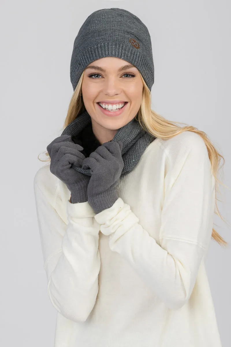 POMPOM BEANIE WITH INFINITY SCARF AND GLOVES 5 ASSORTED COLORS/12PCS